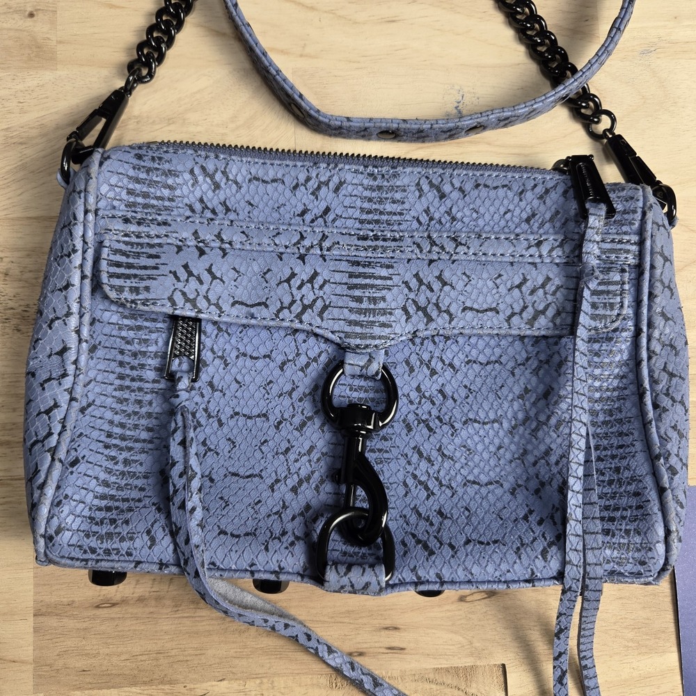 Rebecca Minkoff Mini MAC Blue Leather Crossbody Bag Chain Strap Black Hardware